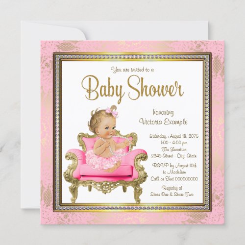 Pink Chair Lace Pearls Pink Gold Baby Shower Invitation