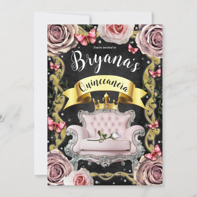 Pink Chair Roses Butterflies 15th 15 Quinceañera  Invitation (Front)