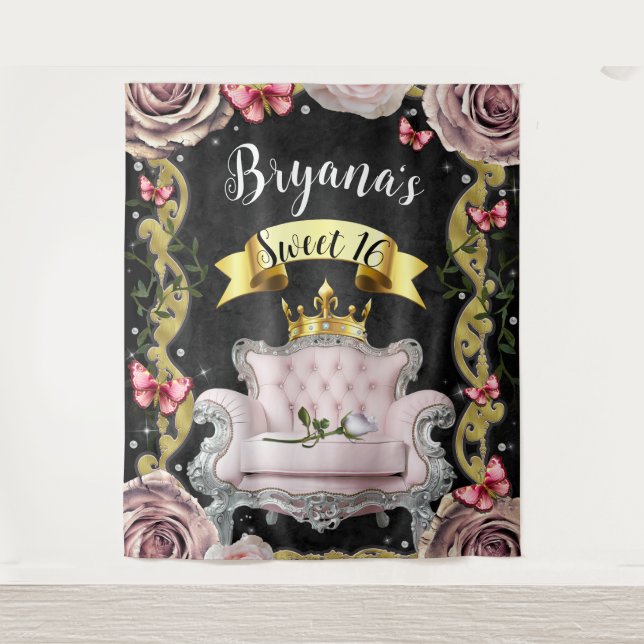 Pink Chair Roses Butterflies Photography Backdrop (Front)