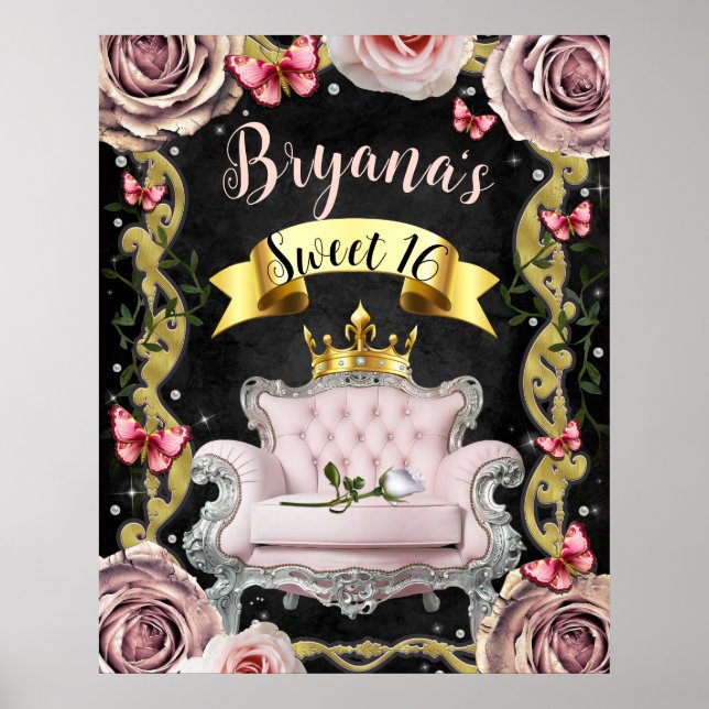 Pink Chair Roses Butterflies Welcome Sign Sweet 16 (Front)