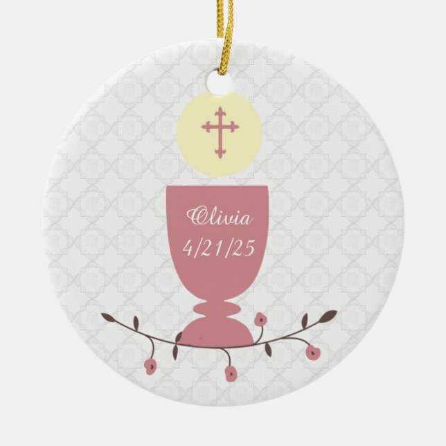 Pink Chalice and Lace Ceramic Ornament (Front)