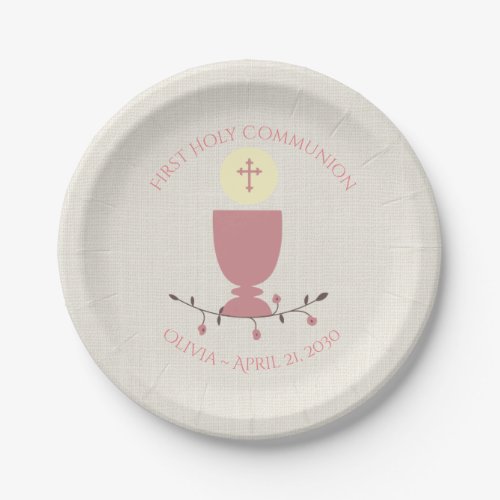 Pink Chalice First Communion Paper Plates
