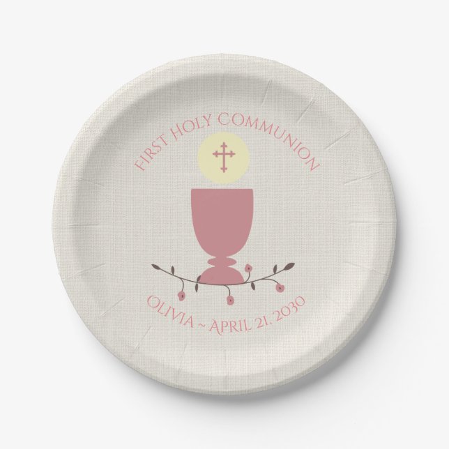 Pink Chalice First Communion Paper Plates (Front)