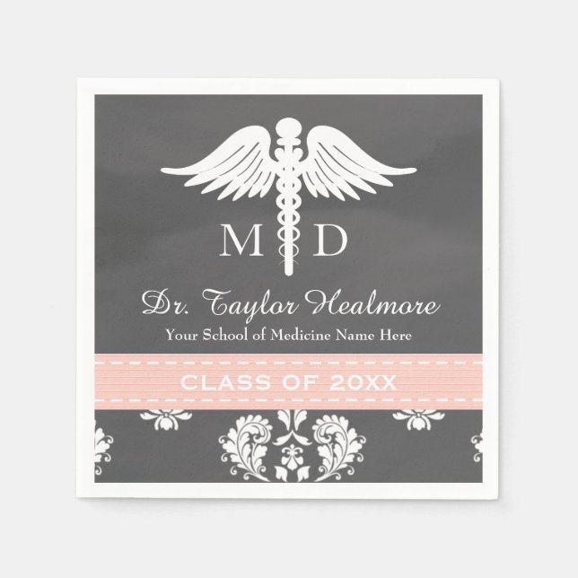 Pink Chalkboard Caduceus Medical School Graduation Napkins (Front)