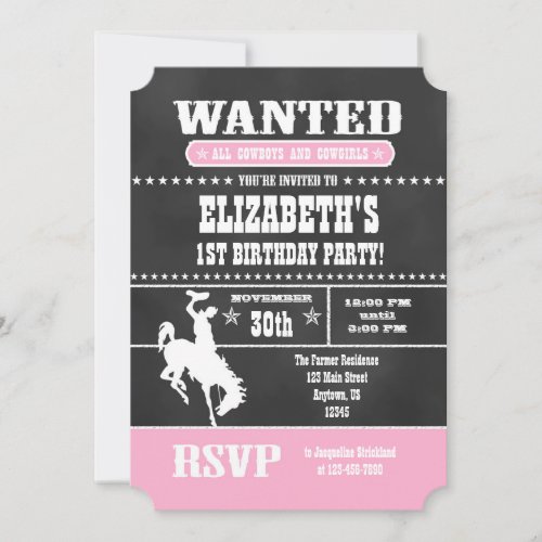 Pink Chalkboard Cowboy Birthday Invitation