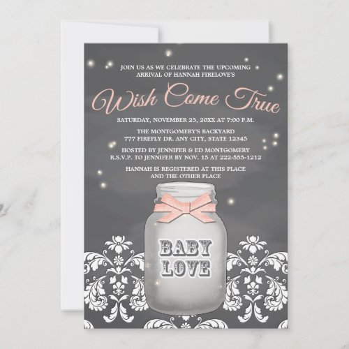 Pink Chalkboard Firefly Mason Jar Baby Shower Invitation