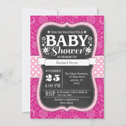 Pink Chalkboard Floral Baby Shower Invite
