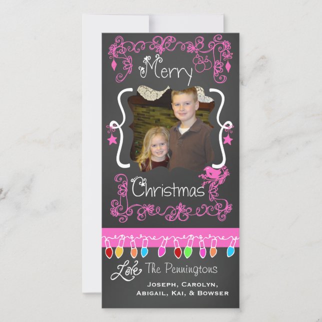 Pink Chalkboard Merry Christmas Holiday Photo Card (Front)