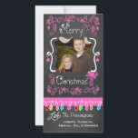 Pink Chalkboard Merry Christmas Holiday Photo Card<br><div class="desc">Merry Christmas holiday photo cards with a chalkboard look background,  lots of pink swirls and text that reads Merry Christmas,  a string of colorful tree lights in various colors,  pink hanging ornaments,  and areas you can customize these beautiful and bright holiday photo cards with your photo and names!</div>