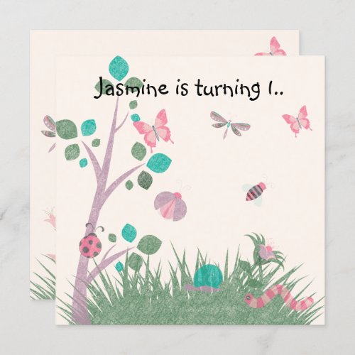 PINK CHALKBOARD WOODLAND BUG BUTTERFLIES BIRTHDAY INVITATION