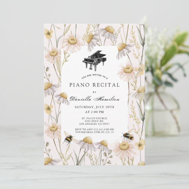 Pink Chamomiles & Bees Piano Recital Invitation (Standing Front)