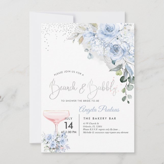Pink Champage Brunch Bubbly Dusty Blue Roses Invitation (Front)