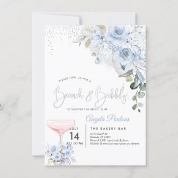 Pink Champage Brunch Bubbly Dusty Blue Roses Invitation by custom_stationery at Zazzle