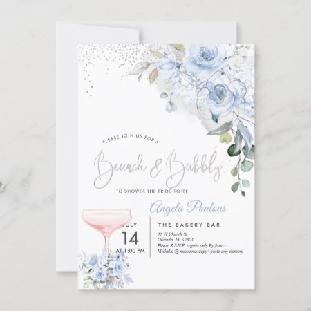 Pink Champage Brunch Bubbly Dusty Blue Roses Invitation