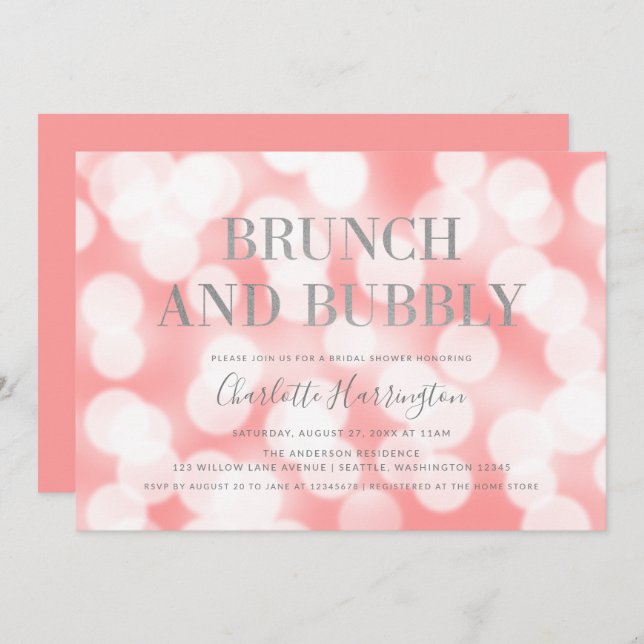 Pink Champagne Bokeh Brunch & Bubbly Bridal Shower Invitation (Front/Back)