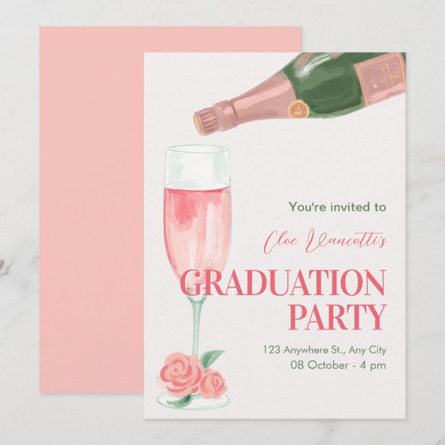 Pink champagne bottle graduation party invitation (Front/Back)