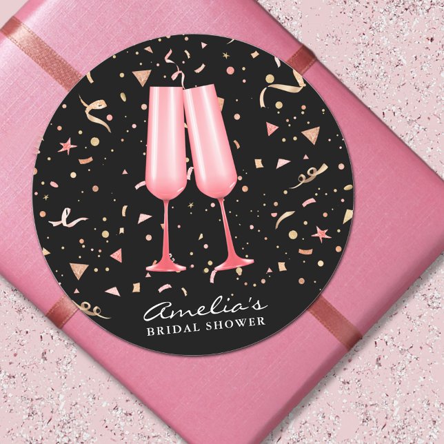 Pink Champagne Bridal Shower Classic Round Sticker (Pink champagne glasses o black bridal shower 3" round stickers)