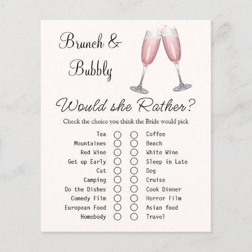 Pink Champagne Bridal Shower Game Card