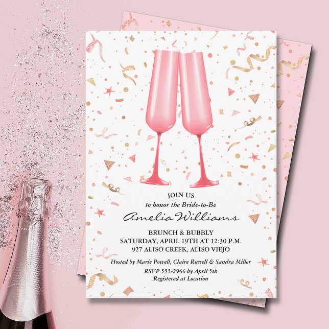 Pink Champagne Bridal Shower Invitation (Pink champagne glasses and streamers bridal shower invitations)