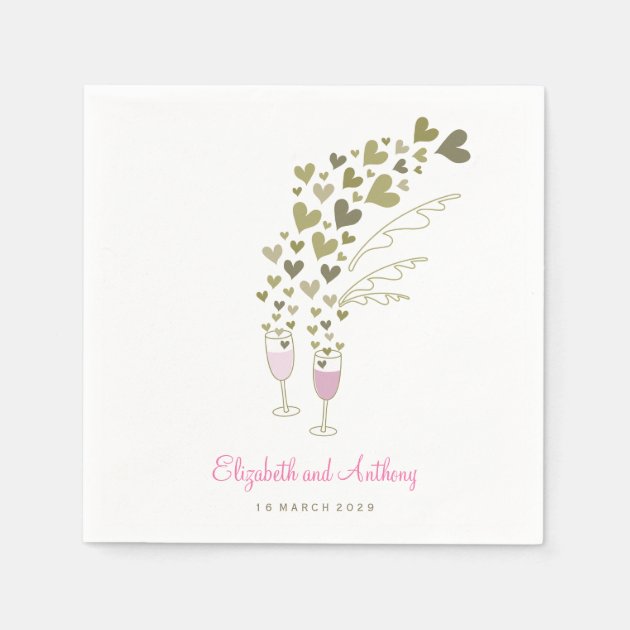 Pink Champagne Cheers Golden Hearts Wedding Party Paper Napkin