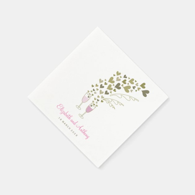 Pink Champagne Cheers Golden Hearts Wedding Party Paper Napkin