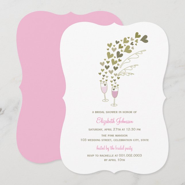 Pink Champagne Cheers Hearts Bridal Shower Invite (Front/Back)