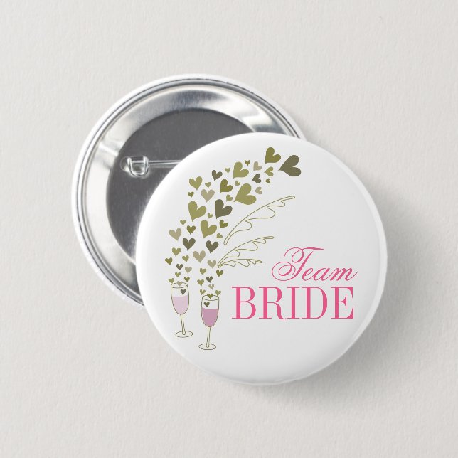 Pink Champagne Cheers & Hearts Team Bride Wedding Button (Front & Back)