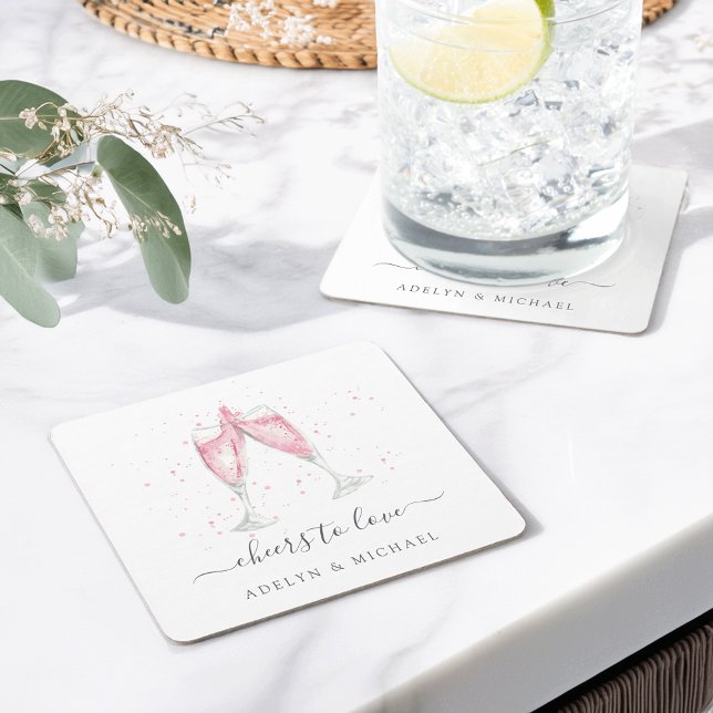 Pink Champagne "Cheers to Love" Personalized Square Paper Coaster (Creator Uploaded)