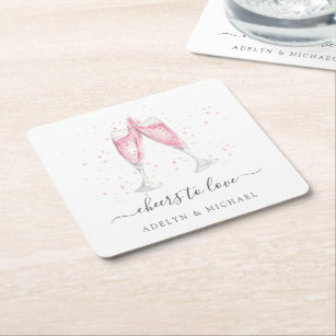 Pink Champagne "Cheers to Love" Personalized Square Paper Coaster
