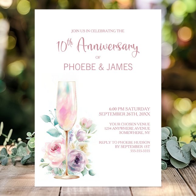Pink Champagne Floral 10th Wedding Anniversary Invitation (Creator Uploaded)