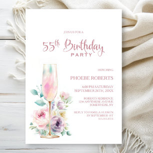 Pink Champagne Floral 55th Birthday Party Invitation