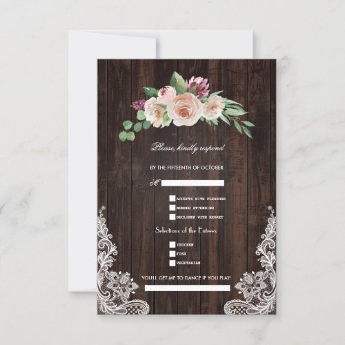 Pink Champagne Floral Wood Lace Wedding RSVP Card