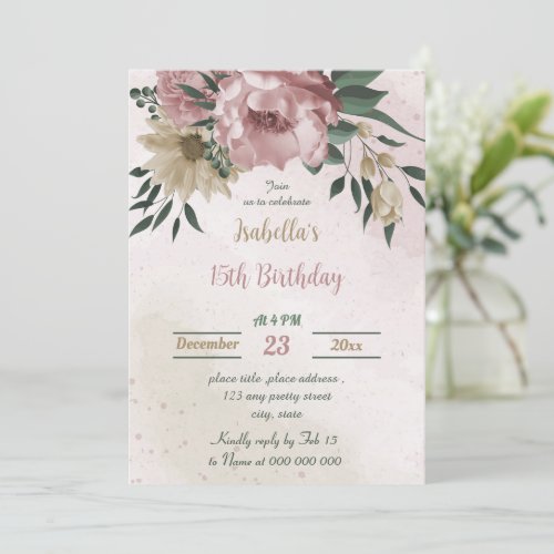 pink champagne flowers botanical birthday  invitation