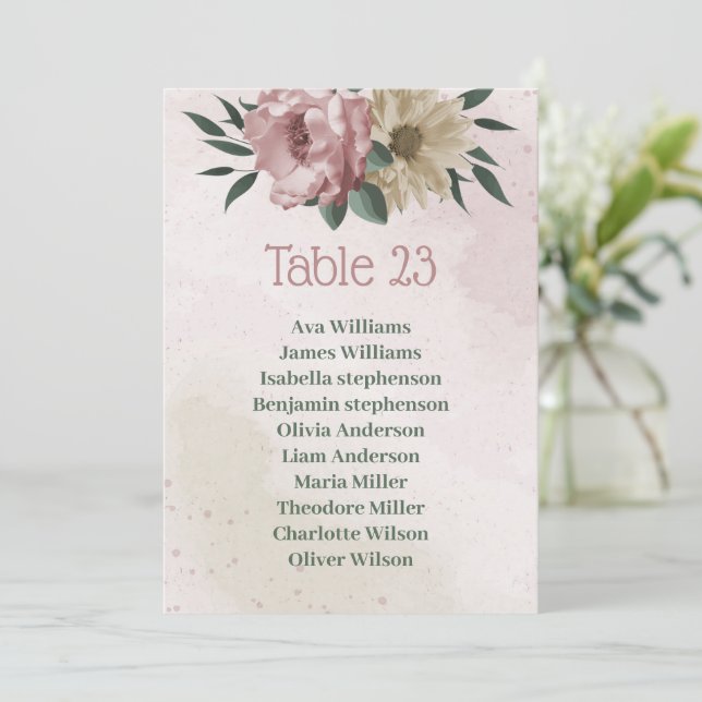 pink champagne flowers botanical seating chart invitation (Standing Front)