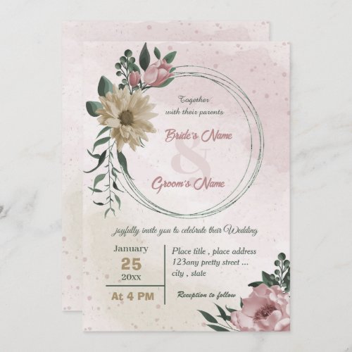 pink champagne flowers botanical wedding  invitation