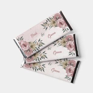 pink champagne flowers greenery wedding hershey bar favors