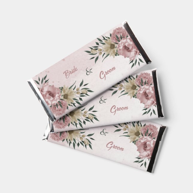 pink champagne flowers greenery wedding hershey bar favors (Front)