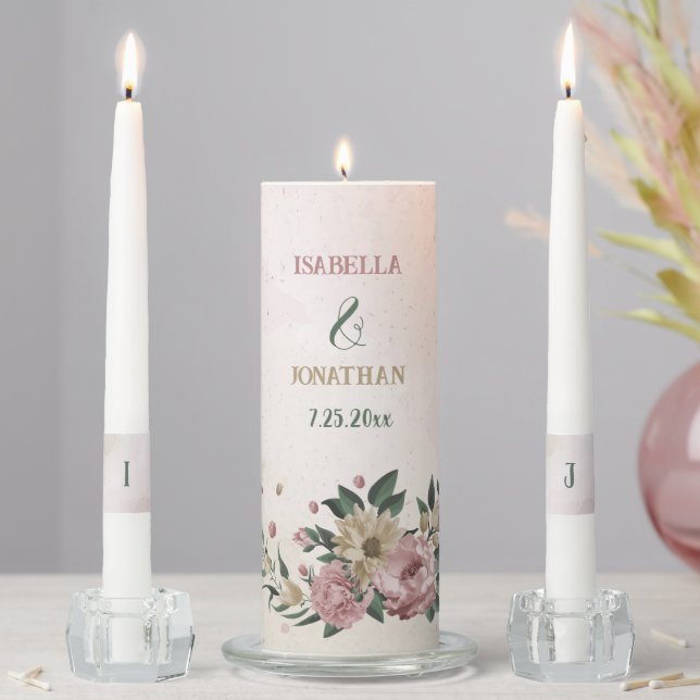 pink & champagne flowers greenery wedding unity candle set (In Situ)