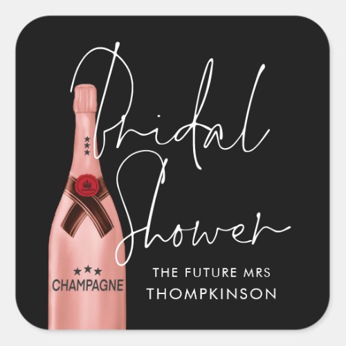 Pink Champagne Future Mrs Name Black Bridal Shower Square Sticker