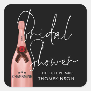 Pink Champagne Future Mrs Name Black Bridal Shower Square Sticker