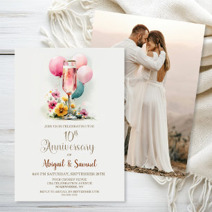 Pink Champagne Glass 10th Wedding Anniversary Invitation