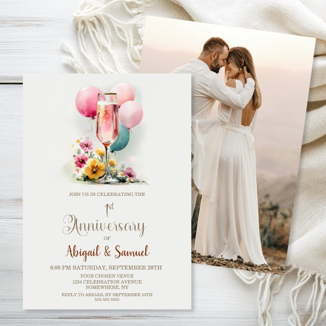 Pink Champagne Glass 1st Wedding Anniversary Invitation (Creator Uploaded)