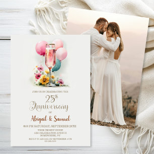 Pink Champagne Glass 25th Wedding Anniversary Invitation