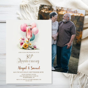 Pink Champagne Glass 30th Wedding Anniversary Invitation