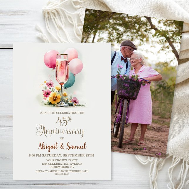 Pink Champagne Glass 45th Wedding Anniversary Invitation (Creator Uploaded)