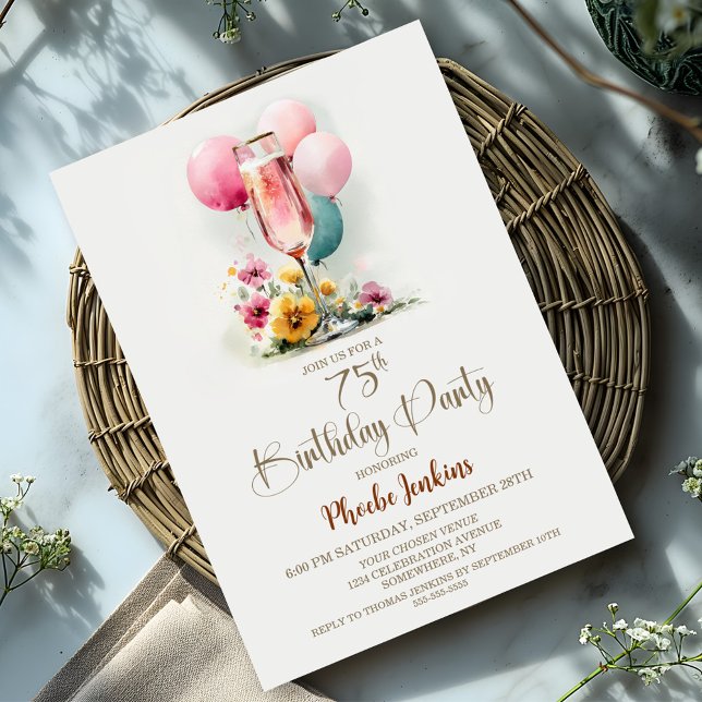 Pink Champagne Glass 75th Birthday Party Invitation (Creator Uploaded)