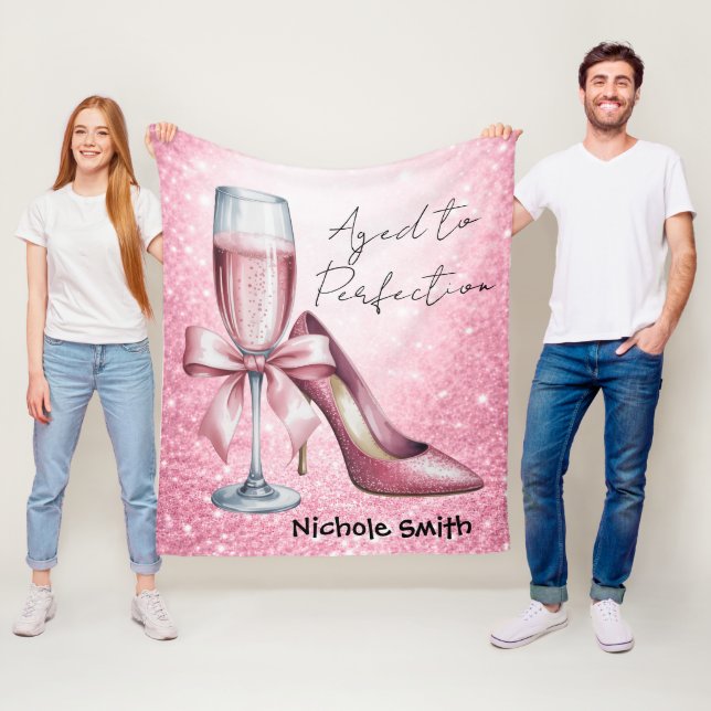 Pink Champagne Glass Aged To Perfection Birthday Fleece Blanket (In Situ)