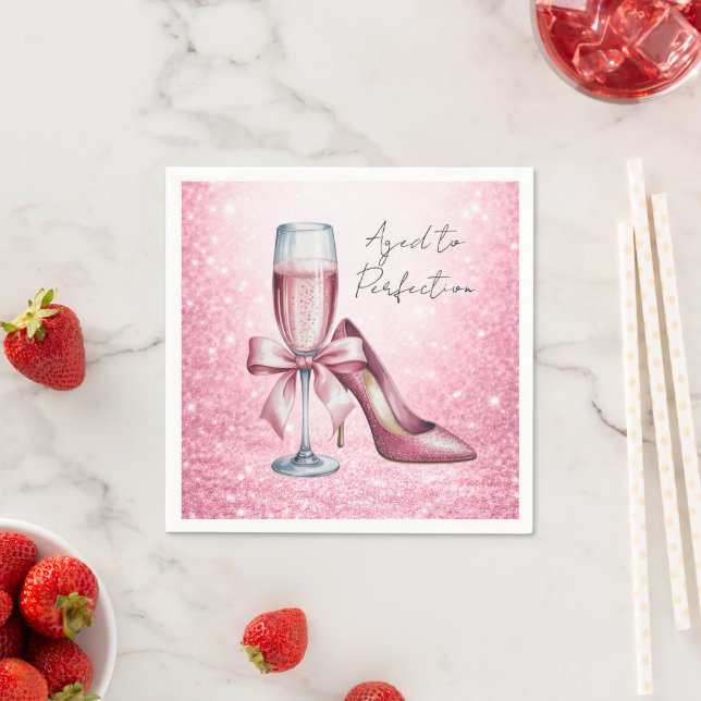 Pink Champagne Glass Aged To Perfection Birthday Napkins (Insitu)