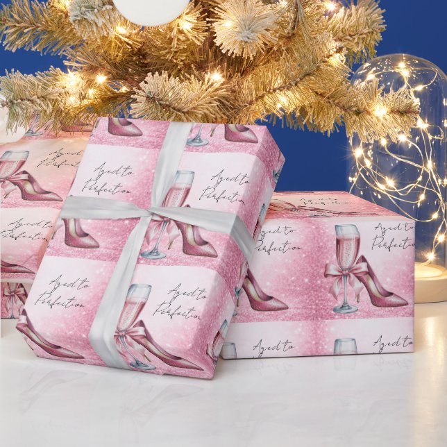 Pink Champagne Glass Aged To Perfection Birthday Wrapping Paper (Holidays)