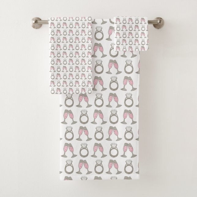 Pink Champagne Glass Diamond Ring Bridal Wedding Bath Towel Set (Insitu)